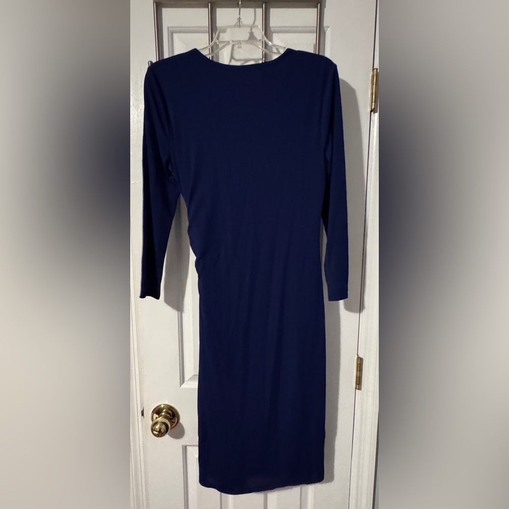 Anne Klein Navy Faux Wrap Long Sleeve Midi Dress Flattering Flowy and Slinky EUC - Picture 5 of 5